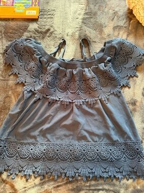 No Boundaries Crochet Trim Off-Shoulder Top — navy blue